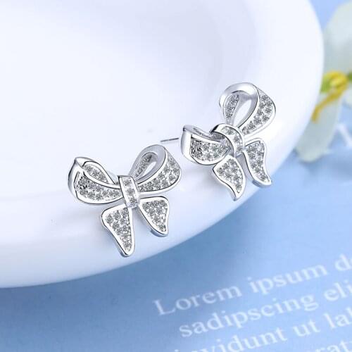 Classic Bowknot Stud Earring Fashion Elegant Silver Color 5A Zircon Earrings for Women Female Jewelry Gift Boucle Oreille Femme