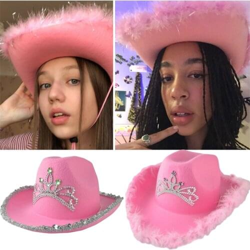Creative Pink Tiara Cowgirl Hat Cap for Women Girls Bling Wide Brim Fedora Cowboy Cap Western Style Birthday Cosplay Party Hats