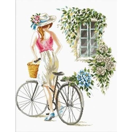 Top Manufacturer Embroidery Bicycle Girl Funny Cross Stitch Kits with 100% Cotton Flosses & Free Shipping for Wall Decor & Gifts