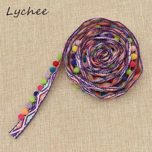 Lychee 2 Yards Vintage Colorful Tassel Lace Trim Embroidered Pom Pom Ball Fringe DIY Sewing Crafts Ribbon Fabric
