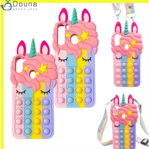 3D Cute Unicorn Lanyard Case for Xiaomi Redmi Note 10 9 8 Pro 9s 10s Poco M3 Pro Relieve Stress Pop Push Bubble Soft Phone Cover