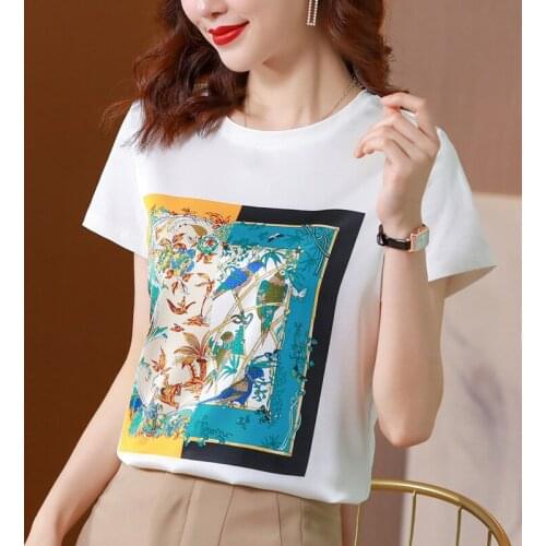 2021The New Fashion Satin printing T-shirt Tops Women Short Sleeve Casual O Neck Large size M-3XL