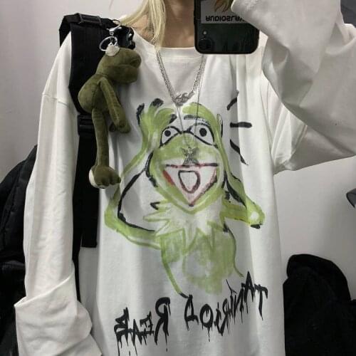 Autumn Harajuku Tshirts Hip Hop Frog Print white T Shirt Casual Long Sleeve O-neck T-Shirt women/men clothing tops tee Female