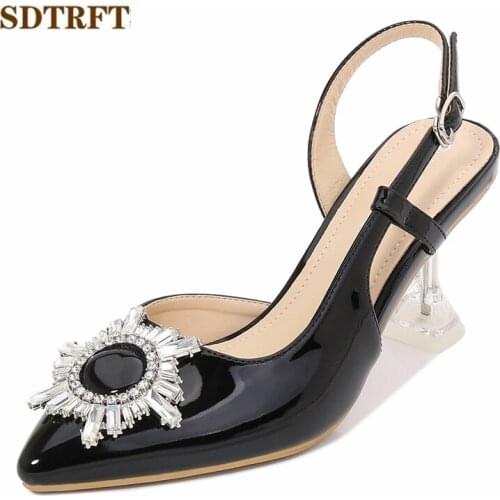SDTRFT Summer Sandals Plus size:35-44 45 Pointed Toe zapatos mujer 7cm thin heels Patent leather Diamond shoes woman sexy pumps