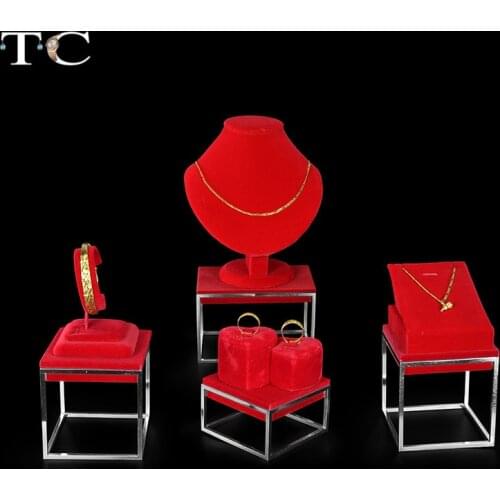 Silver Stainless Steel Jewelry Display Red Velvet Material Necklace Showed Bracelet showcase Jewellery Display for glass cabinet