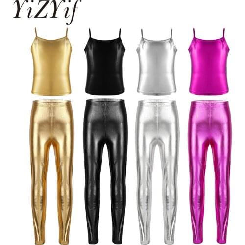 Girls Dance Wear 2PCS Girls Kids Dance Outfit Rhythmic Gymnastics Leotard Metallic Tank Top Crop Tops Shorts Dancing Clothes