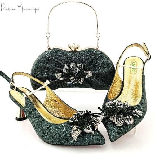 African New Arrival Italian Design Fashion Sepcial Flower Style Decoration Women Shoes and Bag Set in Avocado Color for Party