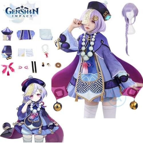 In stock Anime Game Genshin Impact Project Qiqi Cosplay Costume Zombie Girl Dress Set Halloween Clothes Christmas