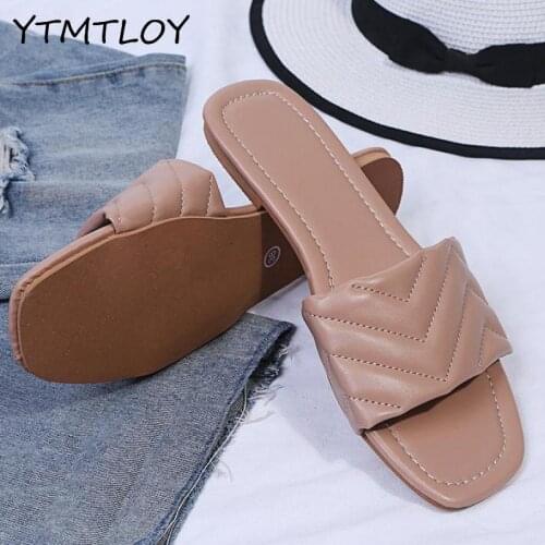 New Fashion Slippers Women Square Toe Flat Casual Shoes Slide Summer Ytmtloy Zapatillas Casa Mujer Sapatos Femininos