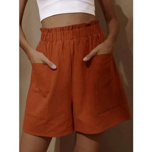Women Cotton And Hemp High Waisted Shorts With Flower Bud Fashionable Large Size Wide Leg Short Pants Women Soild Color Shorts