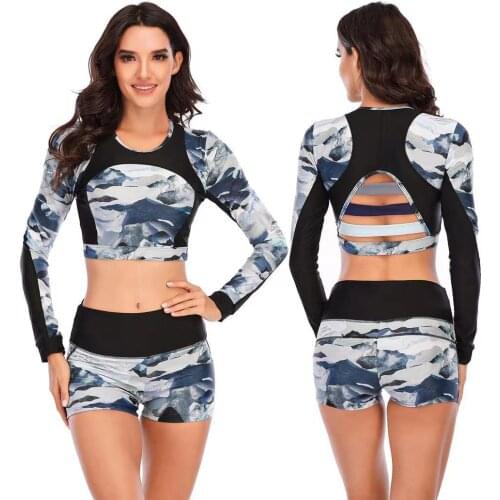 Swimwear Women Rash Guard Bathing Suit Sleeve Swimsuit Split Long RashGuard Female Diving Sexy Print Polyester For