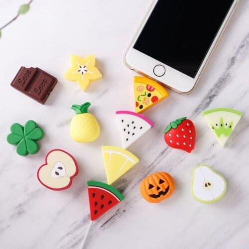 120pcs Soft Cute Cartoon Fruit Cable Bite Phone Charger Cable Protector Cord Data Line Cover Decorate for iPhone Charging Cable