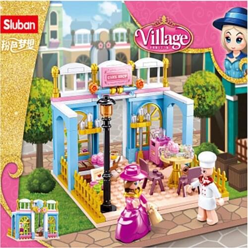 199PCS SLuban Girls Exclusive St. Via Princess Town Series Cake Shop Childrens Assembled Building Block Toys for Girls Gift
