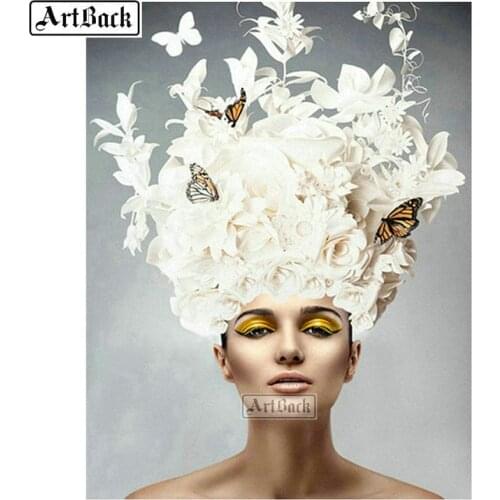 5d diamond painting woman head on white butterfly flower cross stitch full square / round resin diamond mosaic canvas art