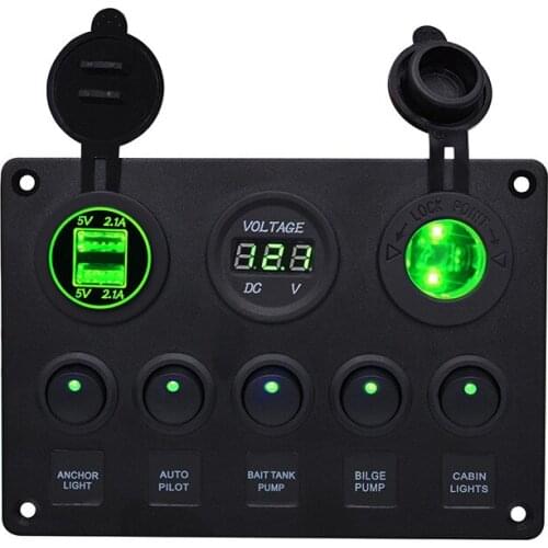Car Switch Panel LED Digital Voltmeter Dual USB Charging Socket 12V Waterproof 5 Gang Switch Panel For Boat Marine Camper Yacht