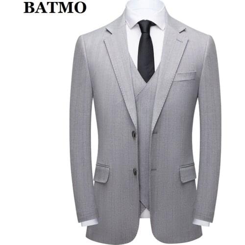 BATMO 2021 new arrival high quality casual striped grey suits men,male wedding dress,plus-size 3629