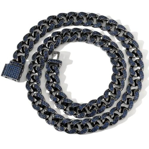 12MM Bling Iced Out Blue CZ Stones Cubic Zirconia Cuban Link Chains Necklaces For Men Chokers Hip Hop Jewelry Gifts