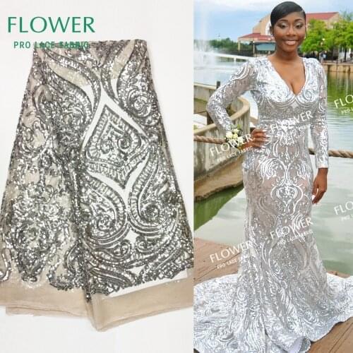 2019 Unique Silver Sequins Net Lace Fabrics High Quality Nigerian Women Prom Bride Wedding Laces Material Sequined Guipure Laces