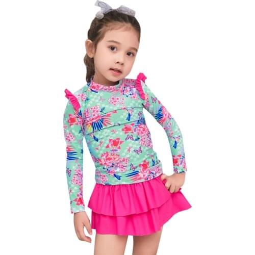 2018 Korean Children Cute Swimsuits Print 3 Pieces Girls Trousers Long Sleeve Uv Protection Skirt Baby Swimwear Children Suit