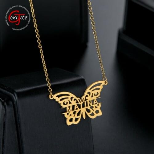 Goxijite Fashion Personalized Name Necklace For Women Custom Stainless Steel Hollow Butterfly Pattern Nameplate Necklaces Gift