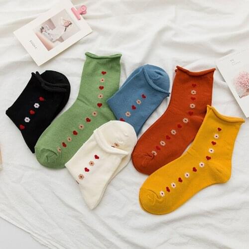Spring Summer Japanese Korean Kawaii Woman Socks Cotton Fashion Edge with Flower Heart Funny Socks Women 32603