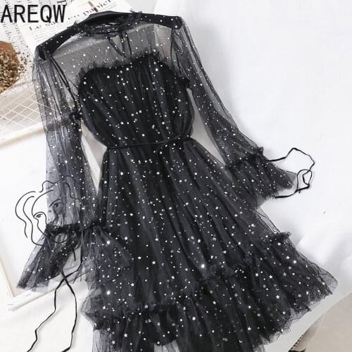 2021 New Women Summer Clothing Bling Bling Sequined Long Sleeve Dress Elastic Slim Mesh Gauze Tulle Dress
