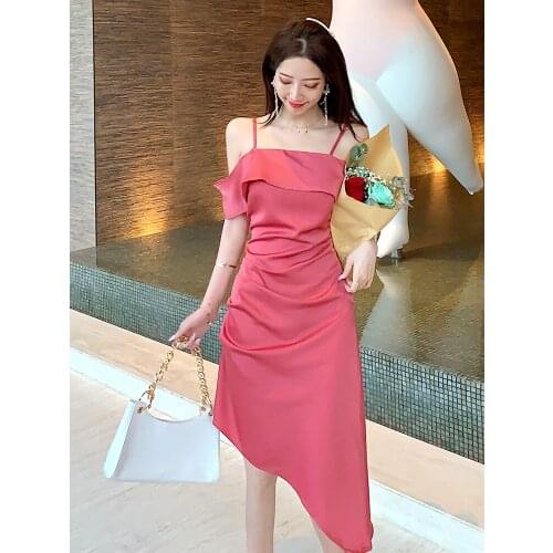 New fuscia Irregular lady girl women daily wear summer bridesmaid dress gown free ship