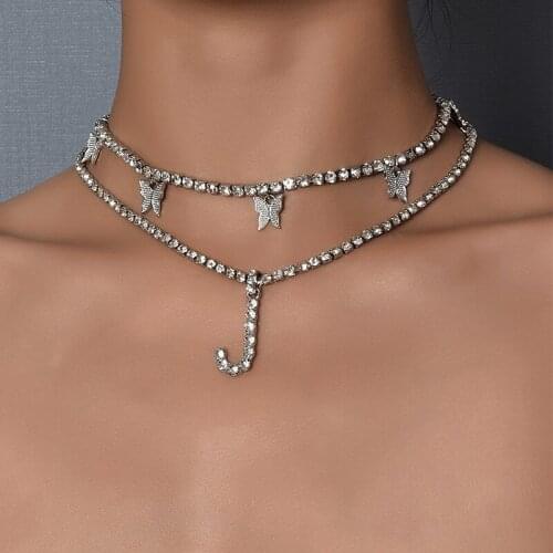 2 Pcs/Set Women Vintage Necklaces Boho Fashion J Letter Crystal Butterfly Pendant Double Clavicle Chain Beach Lady Party Jewelry