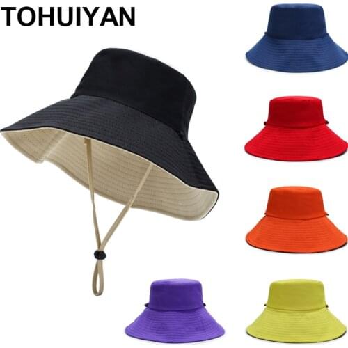 TOHUIYAN Cotton Bucket Hat Women Summer Foldable Sun Hat Outdoor Wide Brim Sombreros Fisherman Hats Solid Gorros Bob Cap For Men