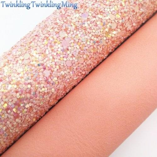 PEACH Glitter Fabric, Faux Leather Fabric, PU Synthetic Leather Sheet For Bows A4 Size 8"x11" Twinkling Ming XM106