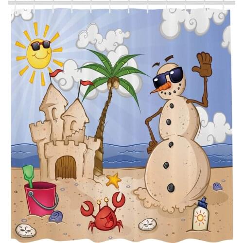 Sand Snowman with Castle Crab Seashell on Tropical Beach Enjoying Sun Cartoon Print
