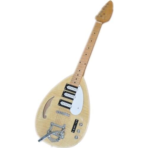 Custom 6 string water drop guitar,wood guitar,flamed maple veneer,tremolo bridge SSS pickups,white pickguard,trill rocker