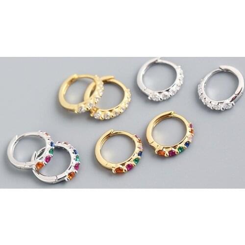 Real 925 Sterling Silver Colorful Zircon Hoop Huggies Earrings For Fashion Women Party Hiphop Fine 18k Gold Jewelry Accessories