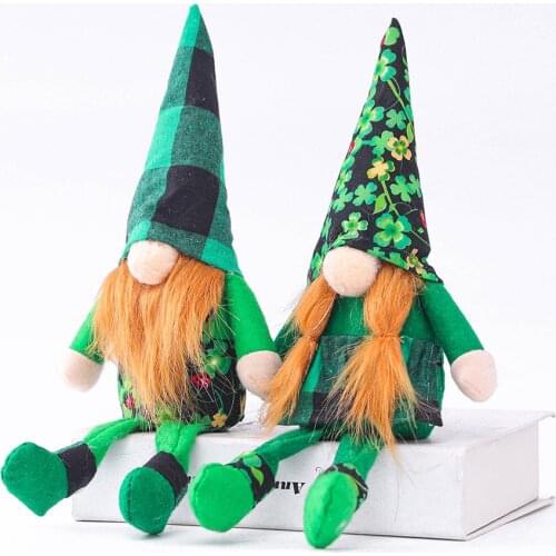 Happy St. Patricks Day Green Leaf Festival Long-legged plaid Doll Irish Festival Decorations Party Home Decor desktop Ornaments