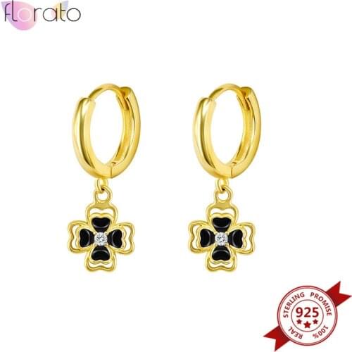 925 Sterling Silver Ear Buckle Lucky Clover Hanging Hoop Earrings Gold Black Color Crystal Cross Huggie Hoop Earrings Jewelry