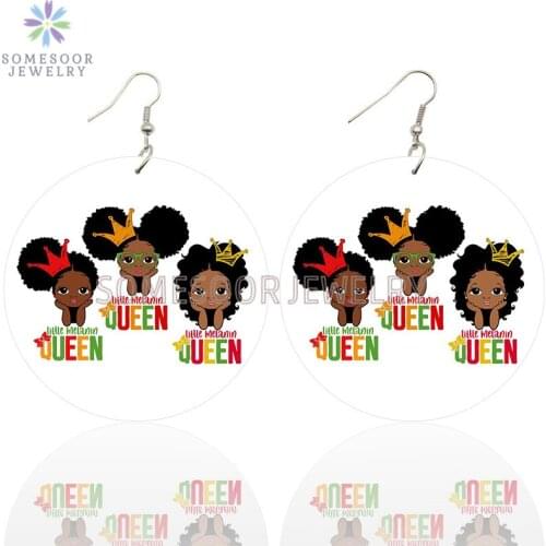 SOMESOOR Afro Little Melanin Queen Natural Hair Wooden Drop Earrings Black Curly Poppin Art Printed Loops Dangle For Women Gifts