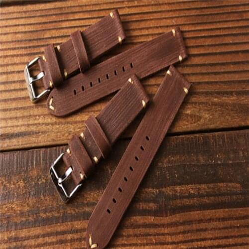 T-AMQ 20mm Retro Handmade Brown Genuine Cowhide Leather Watch Band For Divers Pilot Wristwatch Strap Bracelet Watchband - 76