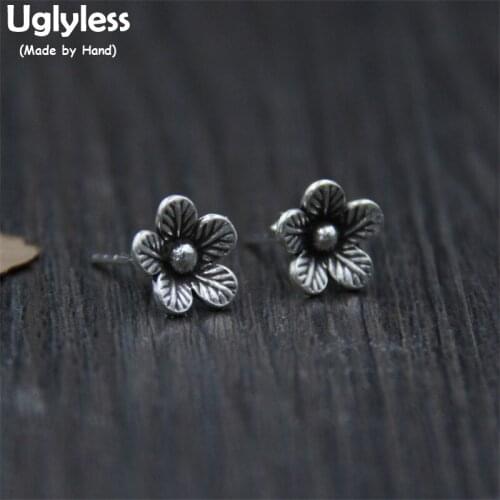 Uglyless Real S925 Sterling Thai Silver Women Vintage Ethnic Plum Flower Studs Handmade Floral Stud Earrings Fine Brincos Bijoux