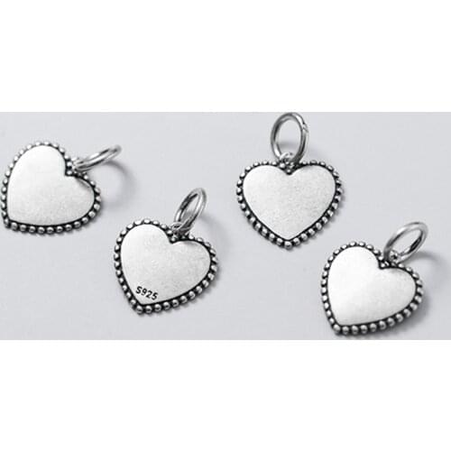 925 Sterling Silver Vintage Matte Dangle Heart Charms Antique Color Craftwork Decoration Silver Pendant DIY Jewelry Findings