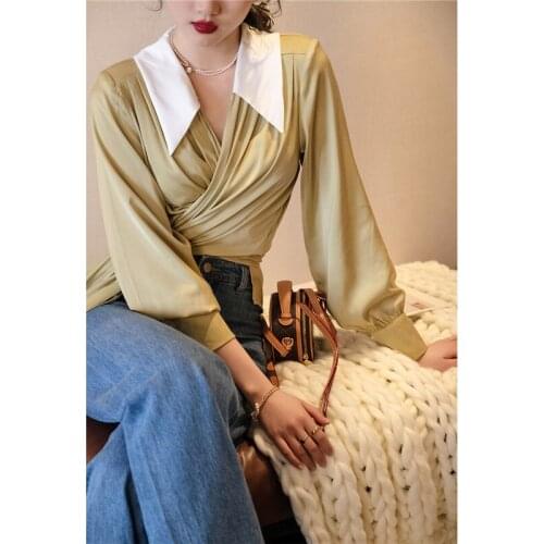 Women Vintage V Neck Criss Cross Bandage Blouse Lady Puff Sleeve Sexy Short Satin Shirts Female Casual Plus Size Crop Lace Tops