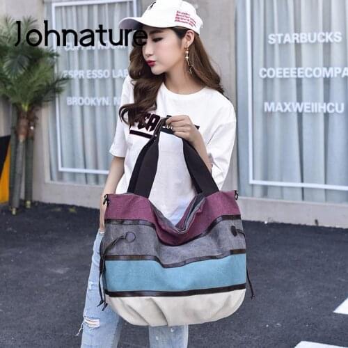 Johnature Leisure Large Capacity Canvas Casual Tote 2021 New Versatile Striped Women Handbag Fashion Shoulder Crossbody Bags