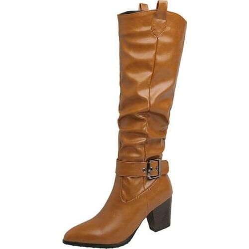 2020 New Winter Women Western Boots Fashion Buckle Thick Heel Ladies Knee High Boots Slip on Cowboy Boots Black Brown White