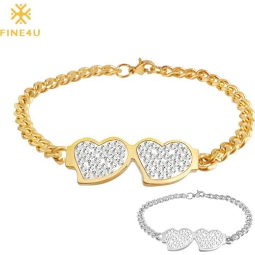 FINE4U B083 Zircons Heart Charm Bracelet For Women Gold/Silver Color 316L Stainless Steel Chain Bracelet Lover Jewelry Gift