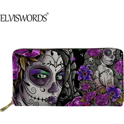 ELVISWORDS Sugar Skull Women Print PU Leather Long Wallet For Female Gothic Lady Casual Shopping Purse Zipper Poucht Card Holder