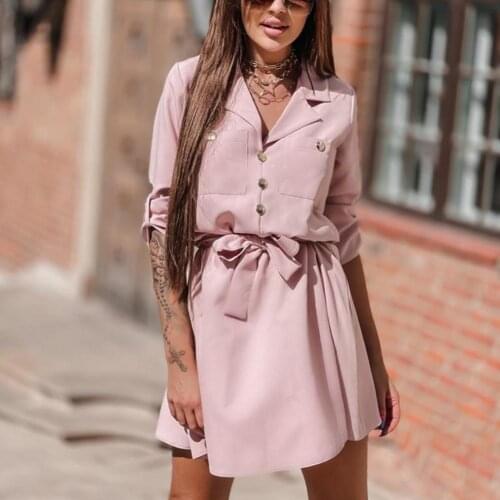 Women Summer Dress 2021 Solid Color V Neck Belt Dress Buttons Female Three-quarter Sleeves Pockets Ruffled Dress for Date