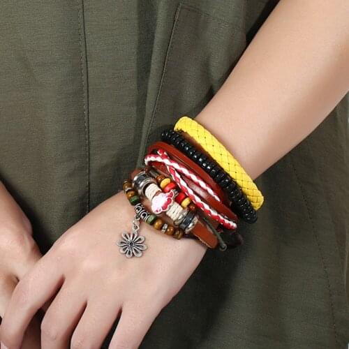 4Pcs/Set Boho Ethnic Multilayers Faux Leather Wooden Beads Women Bracelet