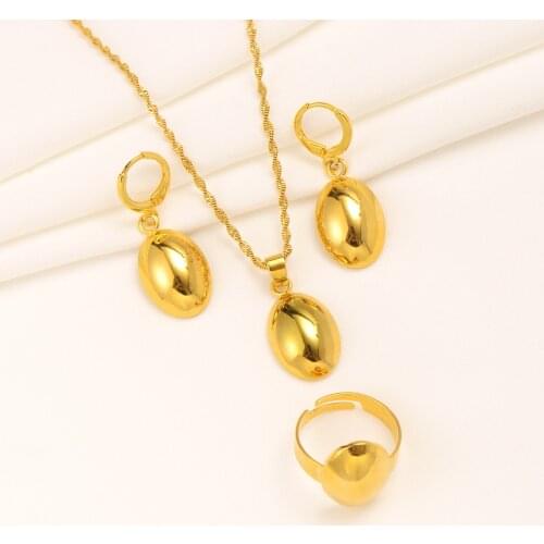 Bangrui 2021 Exquisite Gold Color Smooth Oval Pendant Necklace Drop Earrings Rings Fashion Jewelry Sets African Jewelry Gifts