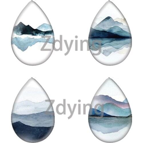 Zdying Colorful Landscape Paintings Mountain Trees Water Tear Drop Shape Glass Cabochon Photo For Base Tray DIY Jewelry Findings