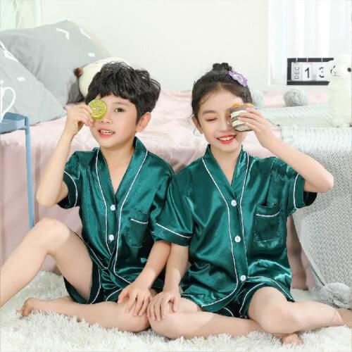 Children Pajamas Set Summer Silk V-neck Short-sleeved Shorts Suit Boys Baby Homewear Kids Girl Nightwear Satin Soild Pjs Set