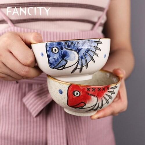 FANCITY Creative personality Japanese tableware hand-painted ceramic rice bowl special restaurant home dinner bowl small soup bo